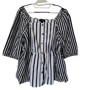 Lane Bryant Plus‎ Size Black White Striped Square Neck Peplum Blouse Shirt 16